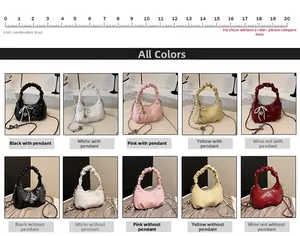 Detail display of ruched handle handbags in five colors with pearl charms and chain straps