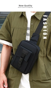 Detail of black waterproof nylon crossbody bag with Sport label and buckle closure