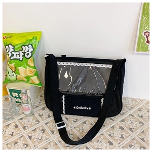 Detail of black crossbody bag with lace trim, transparent display window and Getlucky text