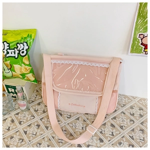 Detailed view of pink ita bag with transparent PVC window and white lace edges