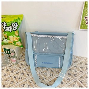 Detail view of light blue crossbody bag with transparent window and lace trim
