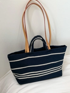 Women Striped Canvas Tote Bag Large Capacity Casual Shoulder Bag With Contrast Leather Strap Commuting Shopping Handbag