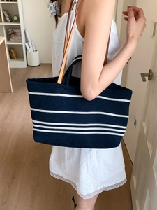 Classic navy blue striped canvas tote bag with large capacity and versatile shoulder straps