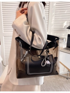 Sac fourre-tout transparent en PVC avec pochette intérieure noire et breloque en ours