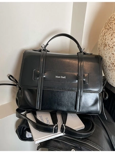 Vintage black soft leather shoulder bag with wide strap and large capacity design