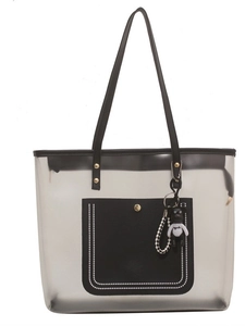 Grand sac cabas transparent en PVC avec poche en cuir noir et breloque panda