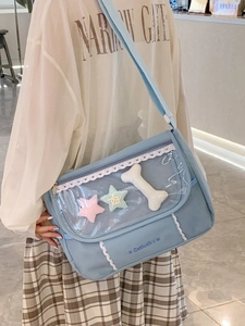 Large Capacity Nylon Ita Bag For Women Kawaii Crossbody Messenger Bag With Transparent Window Lace Trim Star Bone Charms