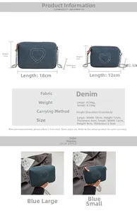 Size specifications for vintage denim heart crossbody bags in large and small versions