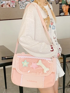 Pink large capacity messenger bag for women with clear PVC star window and Getlucky print