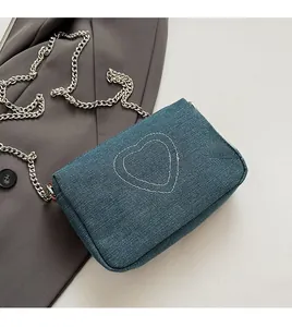 Detailed view of blue denim square bag featuring white stitched heart pattern and silver chain