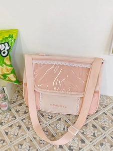 Pink large capacity messenger bag with clear PVC window and white lace trim