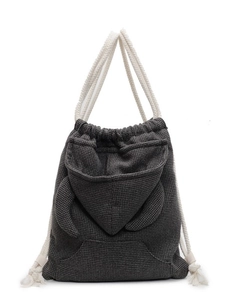 Retro grey waffle texture drawstring bucket bag with unique hoodie style pocket design