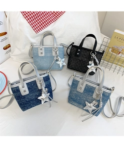 Matrix view of denim mini bucket bags in four colors with star charms and long straps