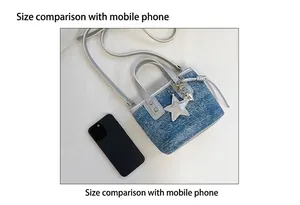 Mini blue denim bucket bag with silver handles shown next to a smartphone for size scale