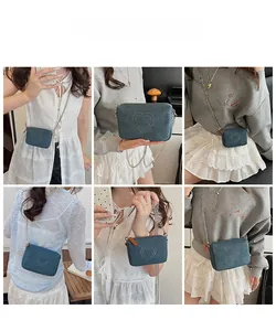 Collage of model wearing a blue denim heart crossbody bag with silver chain straps