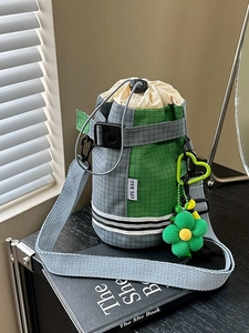Women Plaid Patchwork Nylon Drawstring Bucket Bag Contrast Color Water Bottle Bag With Charm For Daily Travel Casual