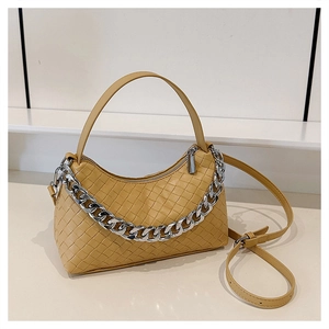 Detail of yellow woven leather hobo bag with silver chain strap and zipper closure