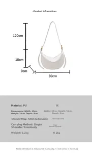 Detaillierte Größentabelle für weiße PU Hobo Bag mit Maßen 30x18x9cm und verstellbarem Gurt