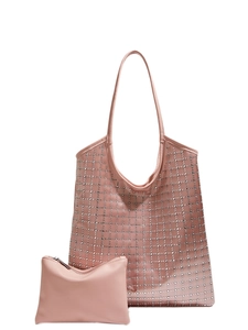 Rosafarbenes Strass-Tote-Bag-Set mit passender Tasche und glitzerndem Gittermuster