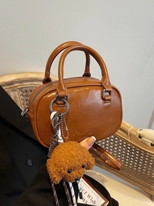 Vintage PU Leather Shoulder Bag For Women Maillard Style Handbag With Plush Dog Pendant Small Square Pillow Crossbody Purse