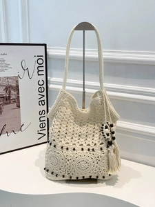 Women's Handmade Cotton Crochet Shoulder Bag Bohemian Hollow Mandala Floral Tote With Tassels And Wood Beads Beach Bag