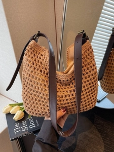 Retro handmade cotton woven tote bag with brown leather straps for beach holidays