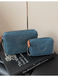 Vintage Washed Denim Heart Embroidery Crossbody Bag For Women Fashion Chain Small Square Shoulder Bag Casual Daily Bag