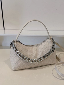 Off-white woven leather hobo bag with chunky silver chain and top handle strap