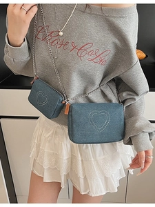 Retro washed denim crossbody bag set with heart embroidery and silver metal chains