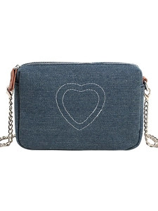 Vintage washed denim small crossbody bag with white heart embroidery and chain strap