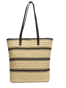 Sac fourre-tout d'été en paille tressée à rayures avec anses marron pour plage et bureau
