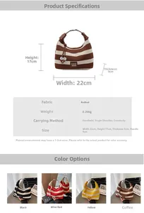 Detailed size specifications and color options for the striped knitted crescent handbag