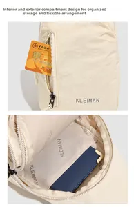 Détail du sac de poitrine en nylon ivoire montrant les compartiments et la poche zippée
