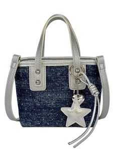 Mini denim bucket bag with white polka dots and silver leather handles for women