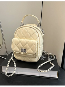 Quilted mini convertible backpack with silver chain strap in cream faux leather