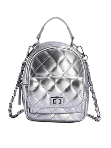 Quilted silver mini backpack with metal chain strap and turn-lock closure detail
