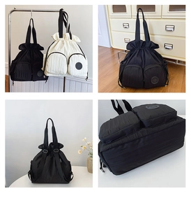Detail view of the quilted texture and drawstring closure on this large capacity backpack