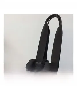 Close-up of durable reinforced carry handle and drawstring closure on a black backpack