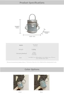 Détails du sac seau en PU scintillant avec dimensions 14x16x12cm et poids de 0,26kg