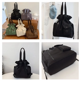 Detail of a versatile nylon drawstring bucket bag showing its functional side zipper pockets