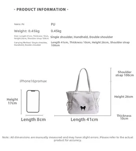Size chart showing white PU tote dimensions with iPhone 16 Pro Max for scale