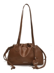 Brown pleated cloud shoulder bag with heart pendant and adjustable long strap