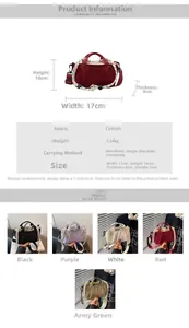 Size guide and details for drawstring bucket bag with braided handle in five colors