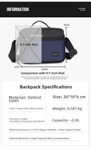 Detailed size specifications for the oxford crossbody bag measuring 26 by 18 by 6cm