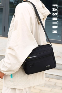 Detailed shot of water-resistant black oxford fabric and multiple zipper compartments