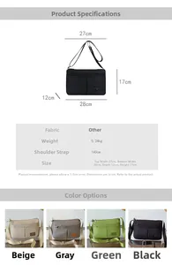 Detailed dimensions of the multi-pocket nylon crossbody bag with four color options