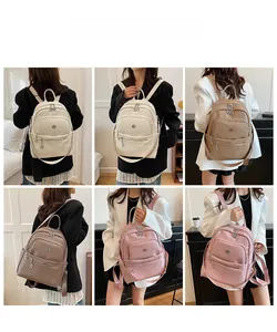 Multiple views of women's leather backpack in white, khaki and pink colors for travel