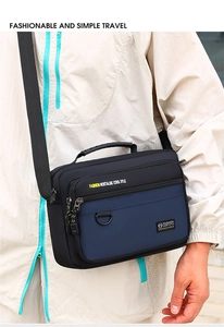 Detail of multi-layer zipper pockets and D-ring on casual men's oxford crossbody bag