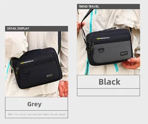 Detail view of water-resistant oxford fabric and multiple zipped compartments on men bag