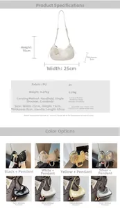 Detailed chart showing PU shoulder bag dimensions and color options for four styles